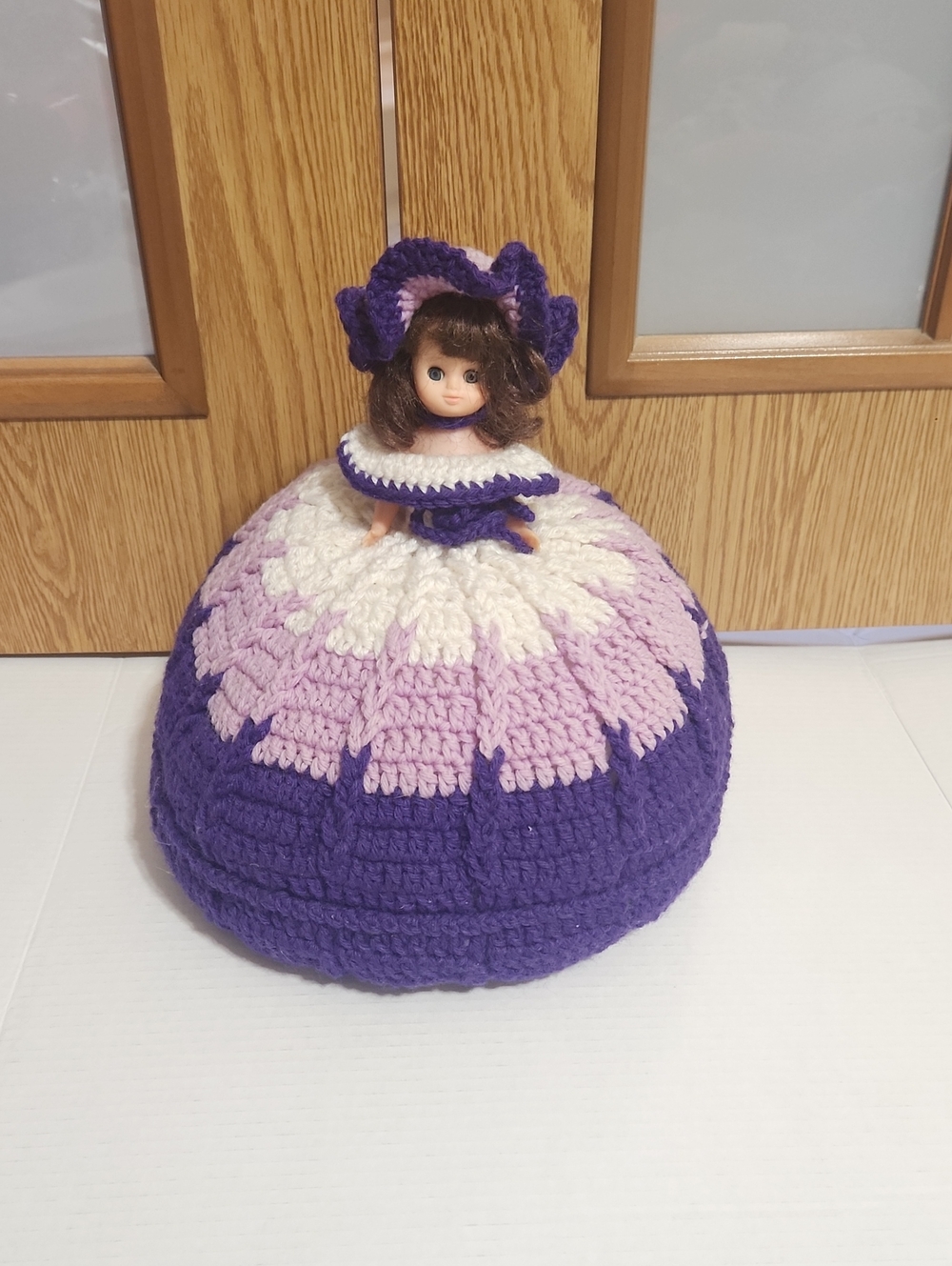 Vintage Handmade Crochet Bed Doll, Purple And White Crochet